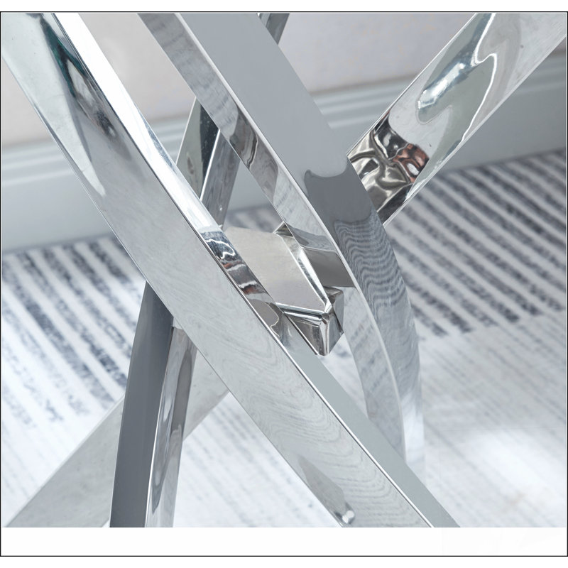 Table de bout moderne en verre trempé avec pieds en acier inoxydable, H 21,85 po x L 23,62 po x l 23,62 po, Argent argent