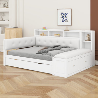 Multi-Functional Wood Daybed Frame with Trundle, Storage Shelves, Bench & Charging Station, Upholstered Headboard