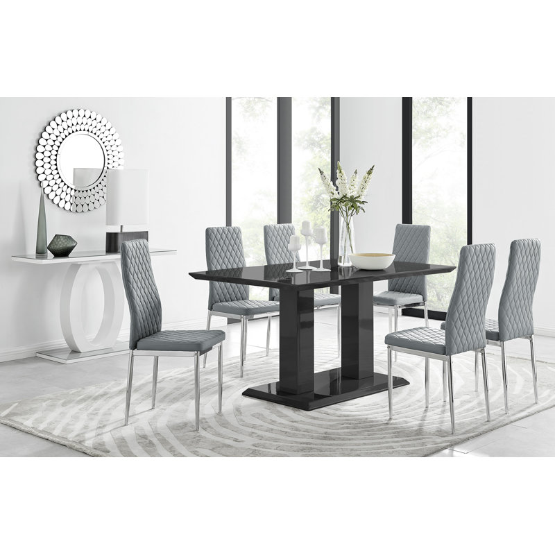 Ensemble de salle à manger 7 pièces en bois ultrabrillant avec 6 chaises rembourrées et table rectangulaire, Black