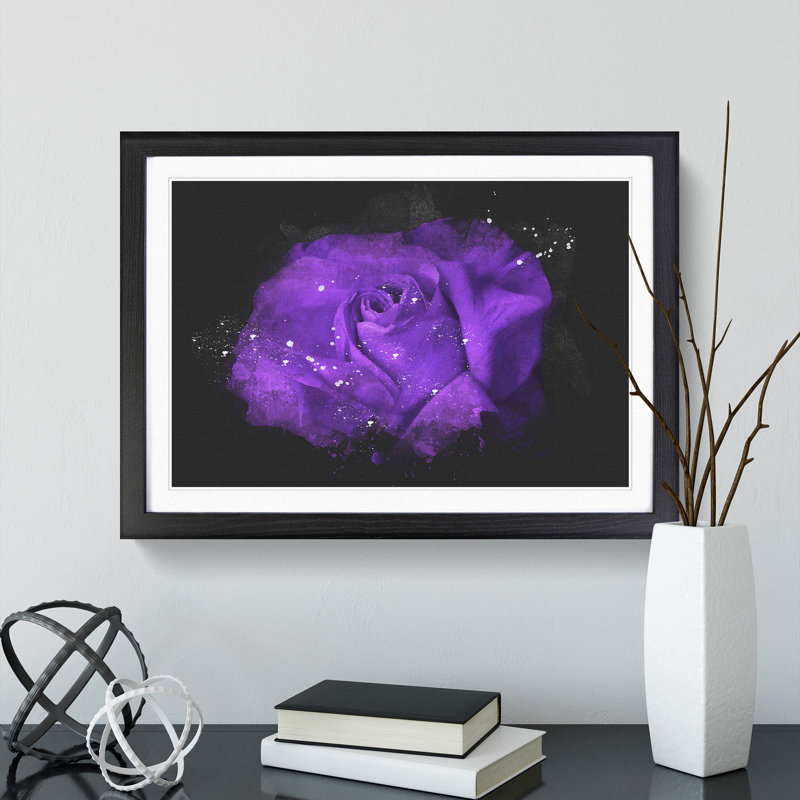 Purple Rose Flower Vol.3 - Single Picture Frame Print on Wood, 36cm H x 48cm W x 2cm D, Black Framed