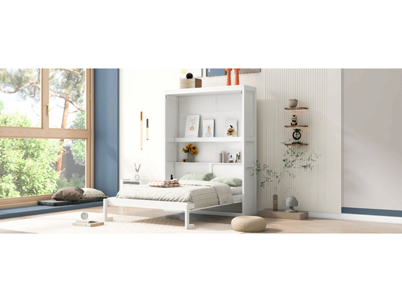 Lit escamotable mural avec tablettes Murphy, Lit double, Blanc