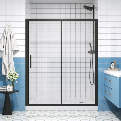 Single Sliding Shower Door 56-60" W x 72" H Semi-Frameless Shower Glass Panel, 1/4" (6mm) Clear Tempered Glass, Transparent safety film for glass,Aluminium Alloy Matte Black,Reversible Installation