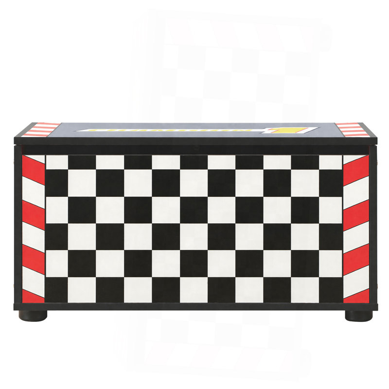 Coffre de rangement pour voiture de course pour enfants avec couvercle rabattable manuel, support de vérin à gaz, roues latérales décoratives