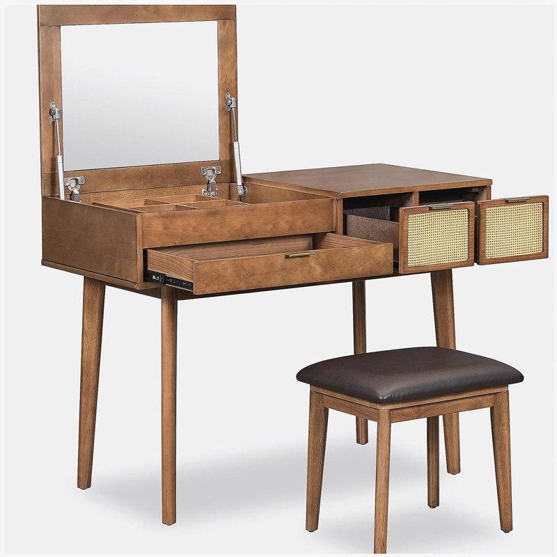 Ensemble coiffeuse classique 43,3 "avec miroir rabattable et tabouret, coiffeuse avec trois tiroirs et espace de rangement