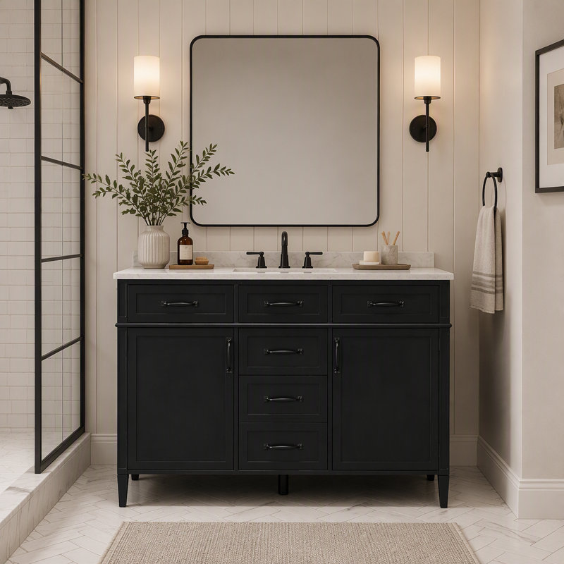 Meuble-lavabo de salle de bain de seulement 47 pouces, meuble de rangement autoportant avec portes et tiroirs pour salle de bain