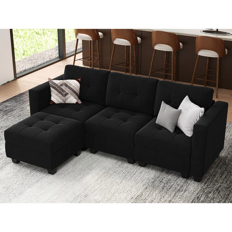 Soneson 17.7'' High Modern Tufted Upholstered Velvet Modular Sofa Couch with Storage Ottoman, Black Velvet