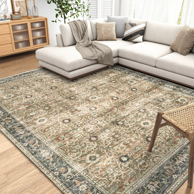 Tapis délavé à la machine à pattes brun gris et gris délavé à la machine, Rectangle 5 pi x 7 pi