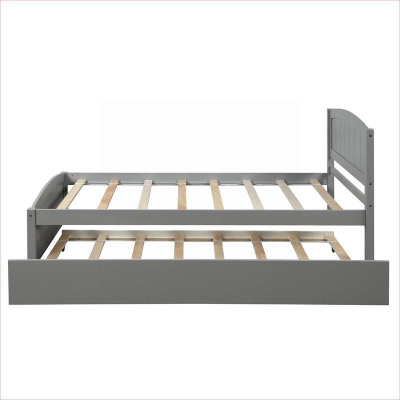 Lit plateforme simple en bois massif gris neutre avec lit gigogne coulissant, cadre minimaliste pour les petites chambres et les espaces invités