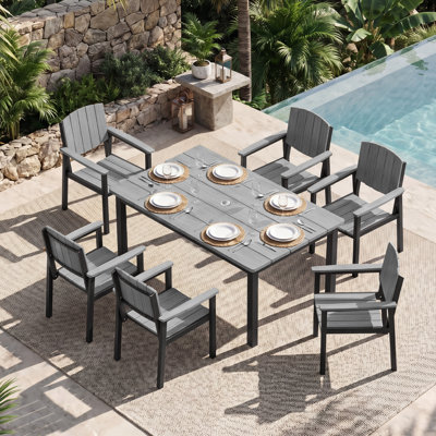 Outdoor Dining Sets Patio Table and Chairs Set 7-Piece, Aluminum Frame HDPS Faux Wood, All Weather Patio Dining Set with Umbrella Hole for Garden Backyard Poolside