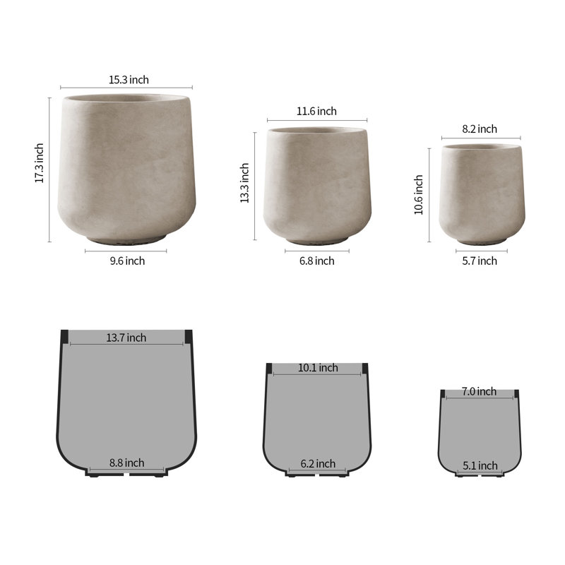 Weathered Concrete Round Planter Set with Drainage Holes