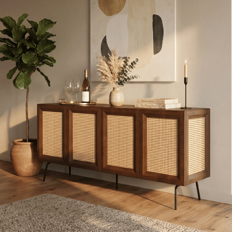  NTC Mossic Sideboard 3 - 4 Doors Natural Rattan Storage Cabinet, Buffet with Metal Legs, Boho Accent Cabinet for Living Room, Dining Room, and Entryway, Effortless Assembly