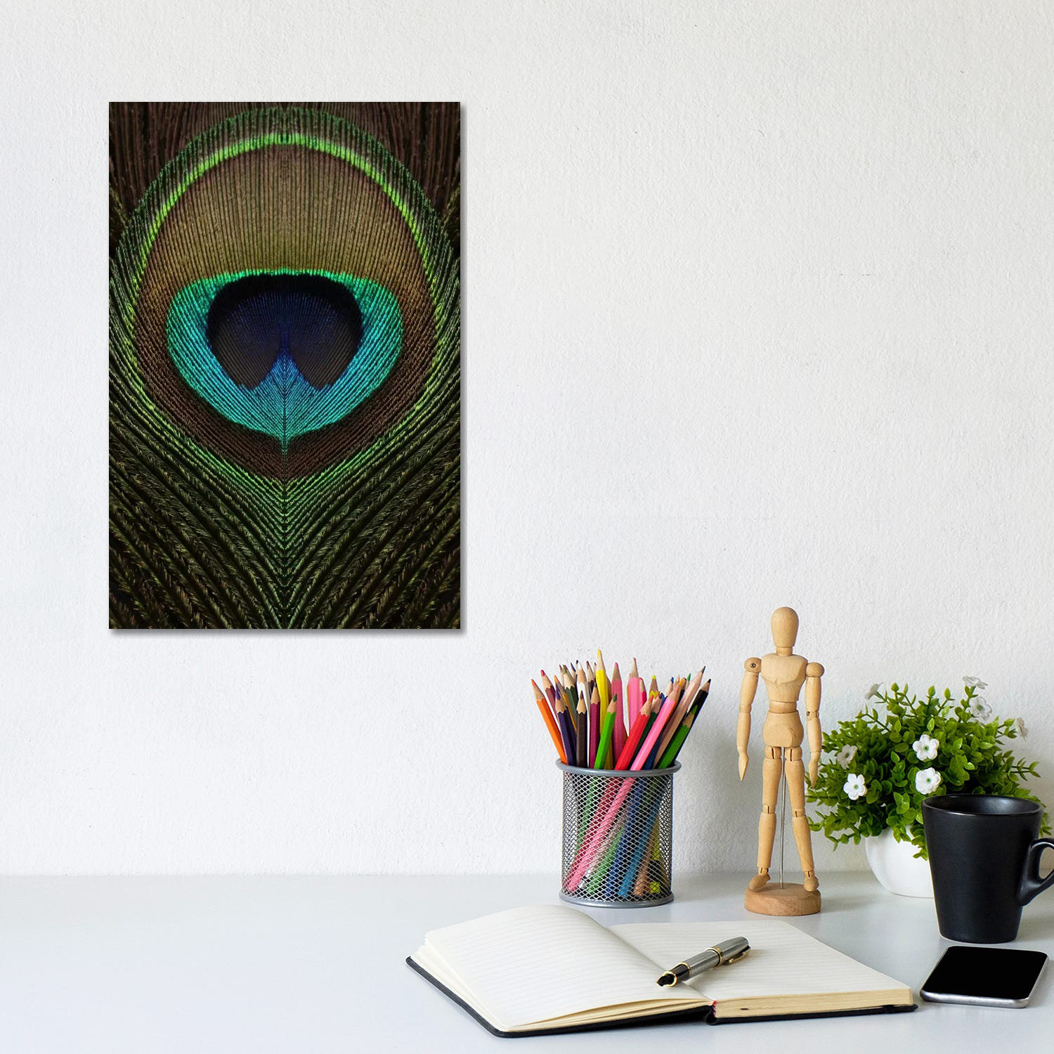 Framed Canvas Art (Gold Floating Frame) - Peacock Feather Symmetry I by Alyson Fennell ( Decorative Elements > Feathers art) - 40x26 in