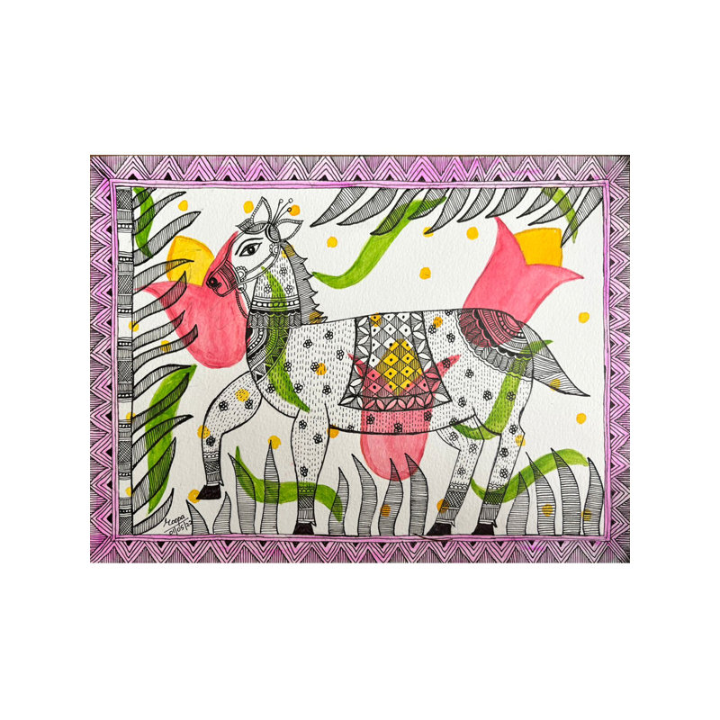 Un cheval de style Madhubani | Acrylique sur papier | Par Roopa