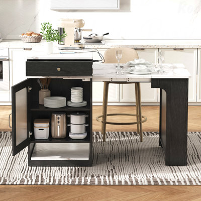 59.5" Kitchen Island With Extendable Dining Table, Kitchen Storage Table With Double-Sided Storage, Kitchen Island With 2 Drawers, Power Outlet, Side Open Shelves, For Kitchen, Dining Room