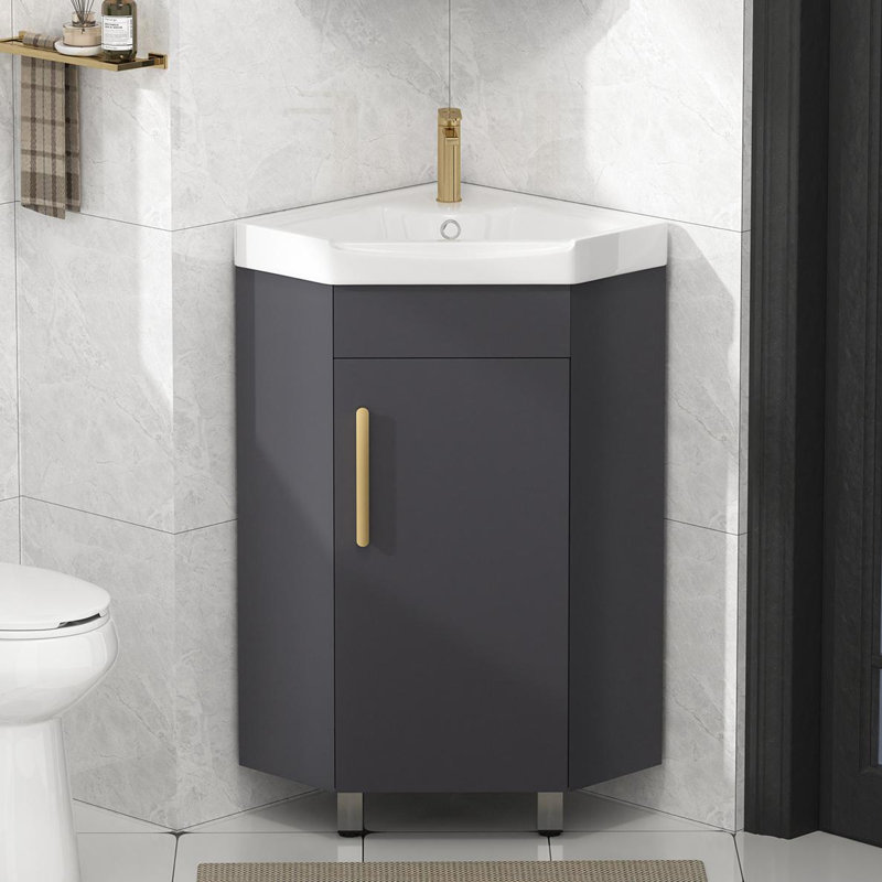17" Freestanding Corner Single Bathroom Vanity With Ceramic Sink Top-Mirror Cabinet Not Included, Gray