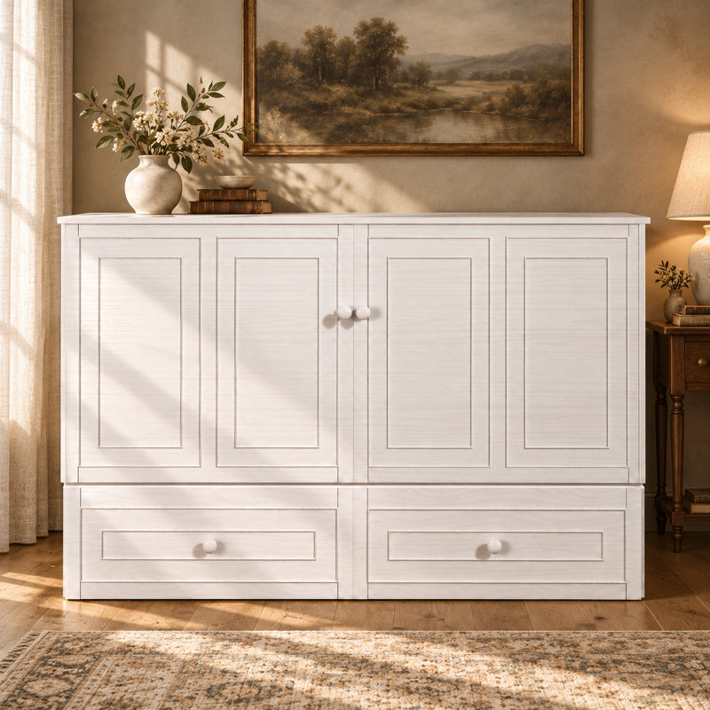 Solid Wood Queen Murphy Bed Cabinet With USB Charging Station & Privacy Drawer For Guest Room, White