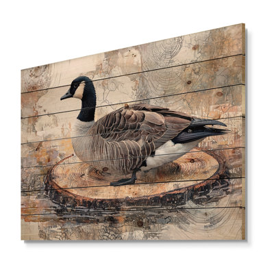 Canadian Goose In Wooden Lake Landscape III - Goose Animal Wood Wall Decor - On Natural Pine Wood