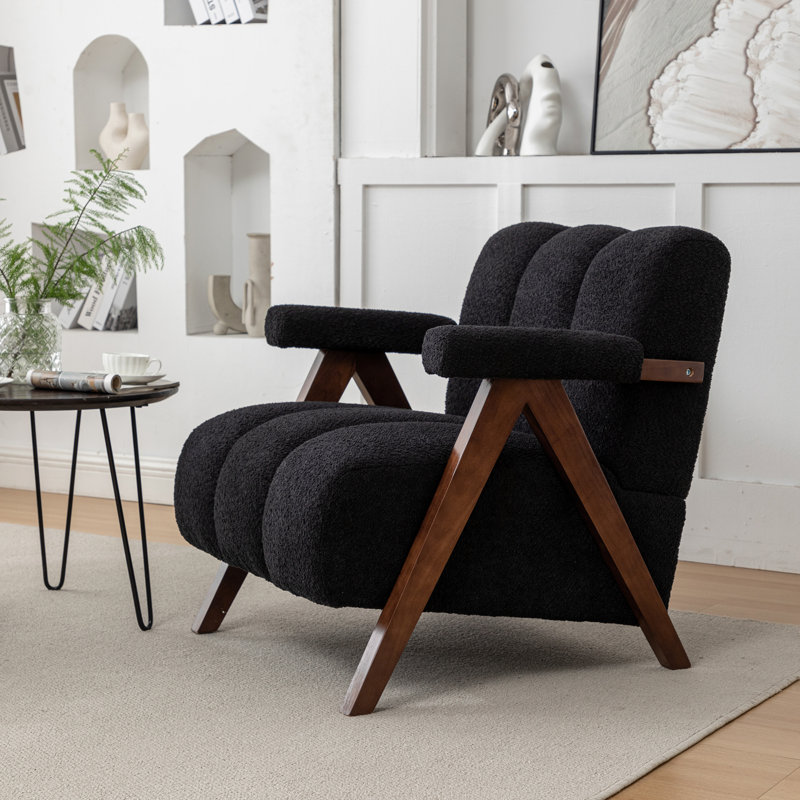 Draedyn Upholstered Boucle Armchair with Solid Wood Legs, Light Black, 1