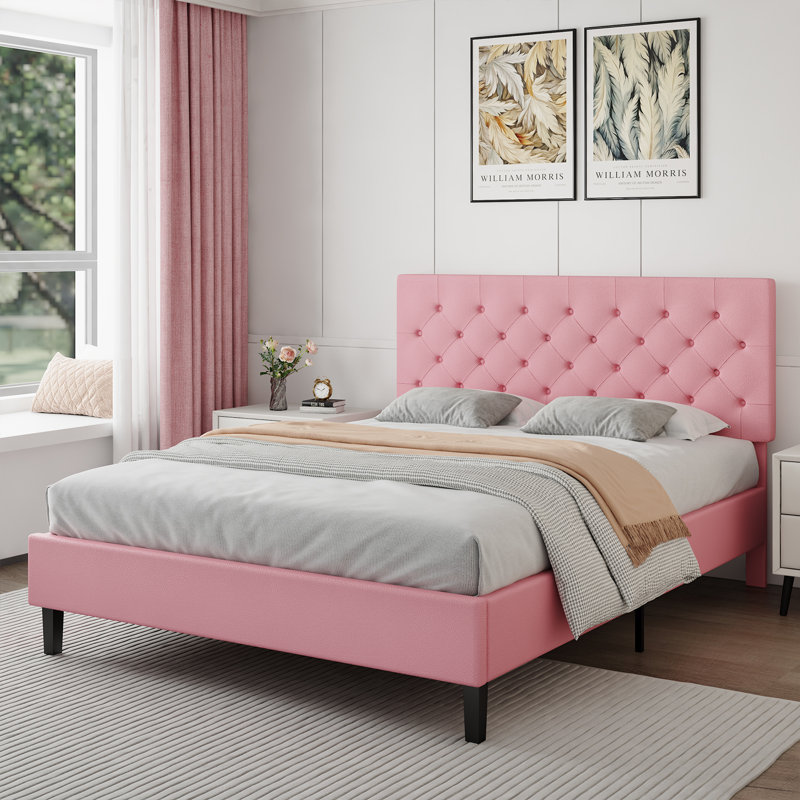 Structure de lit avec tête de lit, lit plateforme tapissier avec capitonnage à boutons Desigh, Lit double, Rose