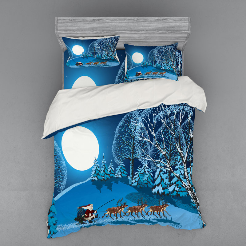 Navy Blue Santa Winter Forest Queen Duvet Cover Set