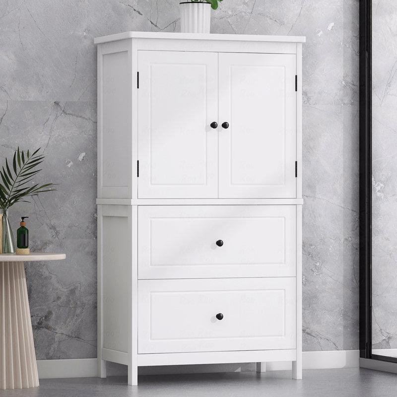 Bathroom Storage Cabinet, Cabinet With 2-Doors And Drawers, Adjustable Shelves, MDF Board, White