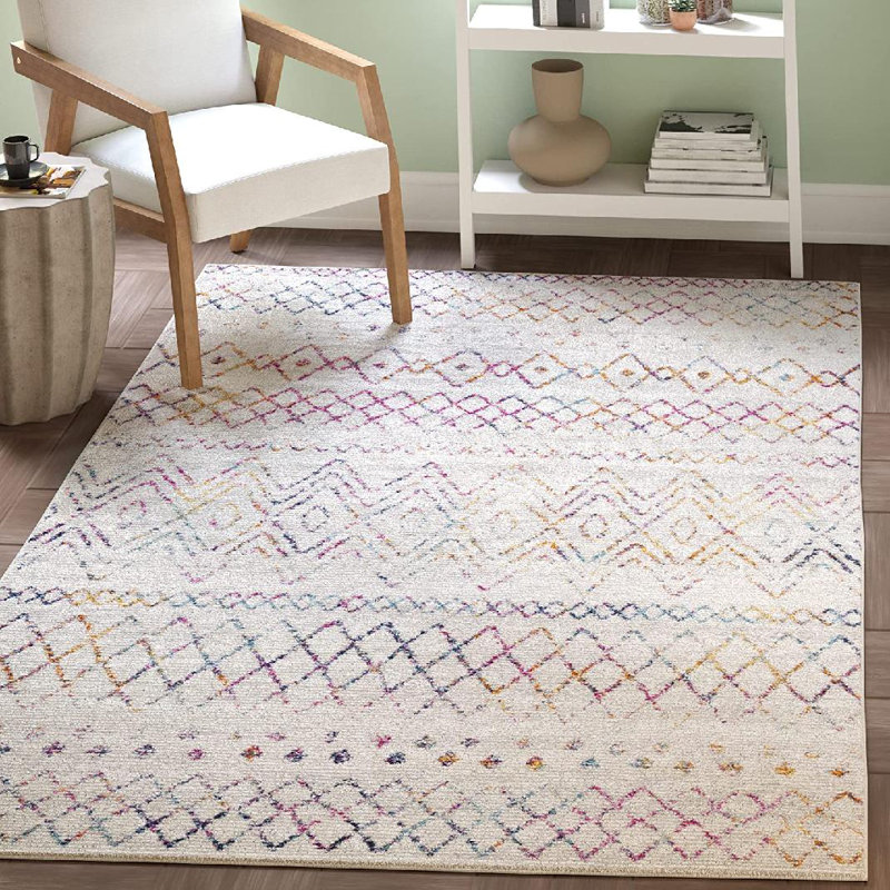Christa Geometric Power Loom Ivory/Fuchsia Rug, Square 6'7"