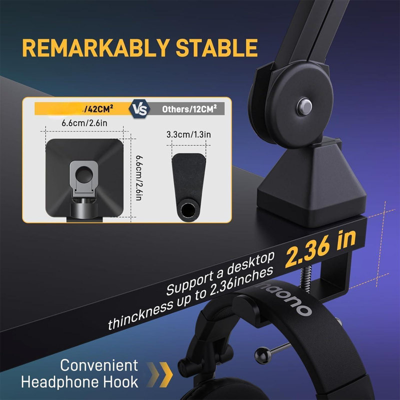 Bras pour microphone: support pour micro réglable en métal robuste avec pince de bureau améliorée et adaptateur à vis de 3/8 po à 5/8 po pour le balado