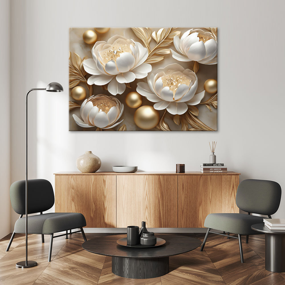 Leinwanddruck, Gold Glamour Flowers 3D - Print