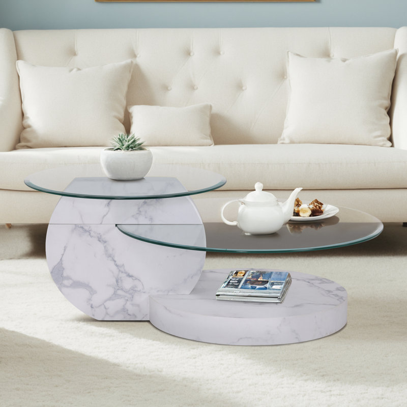 Modern Round Nesting Coffee Table with Diamond-Cut Edges Glass Top, White Marble