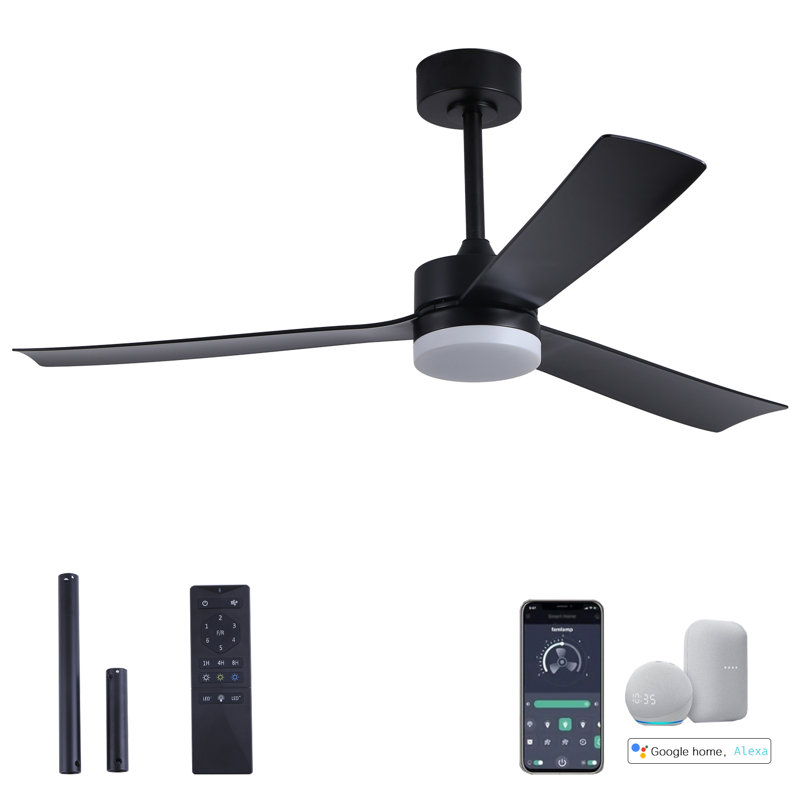 Ventilateur de plafond moderne à 3 pales de 52 po avec lumières DEL et télécommande, Noir mat