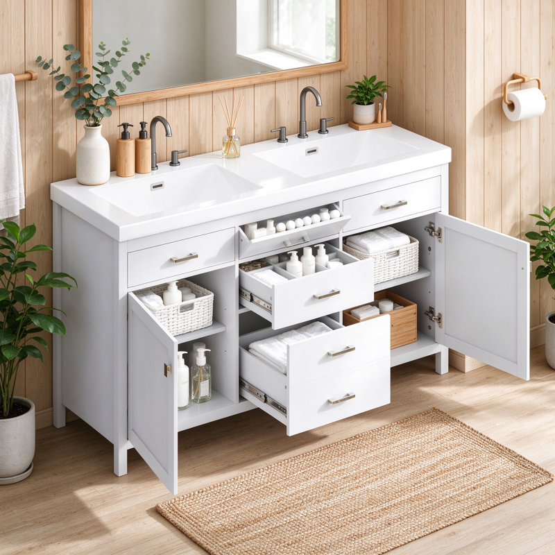 59.1" White Double Bathroom Vanity with Resin Sink, Soft Close, Tip-Out Drawer and Adjustable Shelf