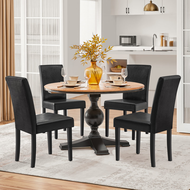 4PCS Faux Leather Dining Room Chairs High Back Padded Rubberwood Legs, Black