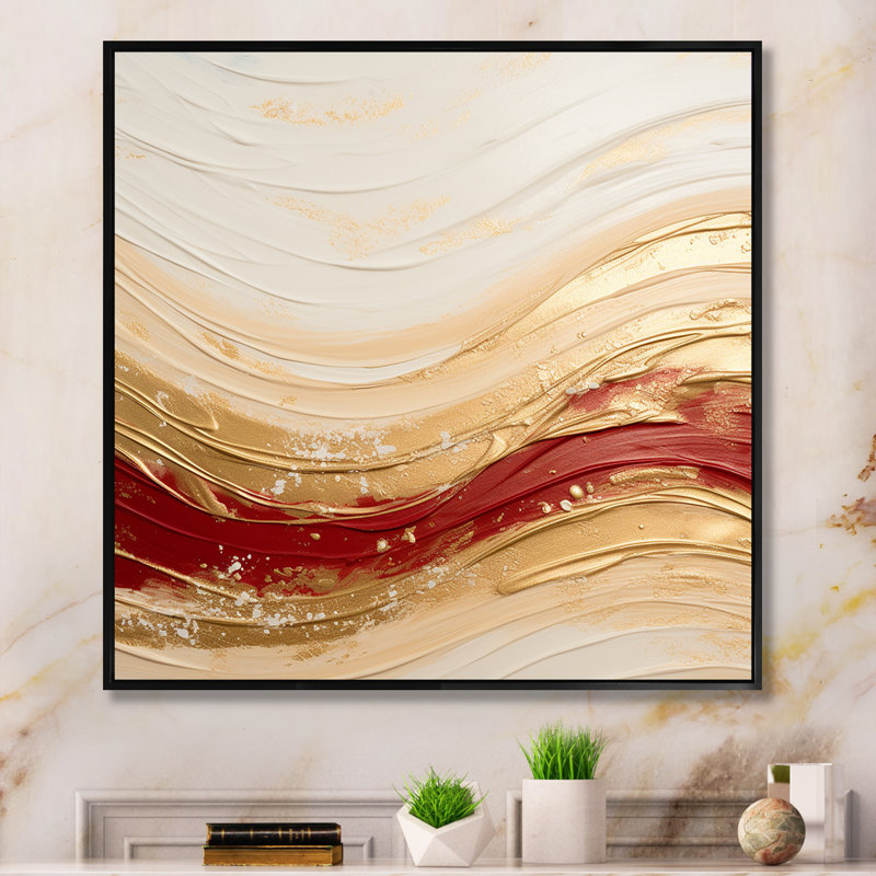 «Gold and Red Soft Wave Fusion», impression sur toile abstraite, H 36 po x l 36 po x P 1,5 po, Cadre flottant noir