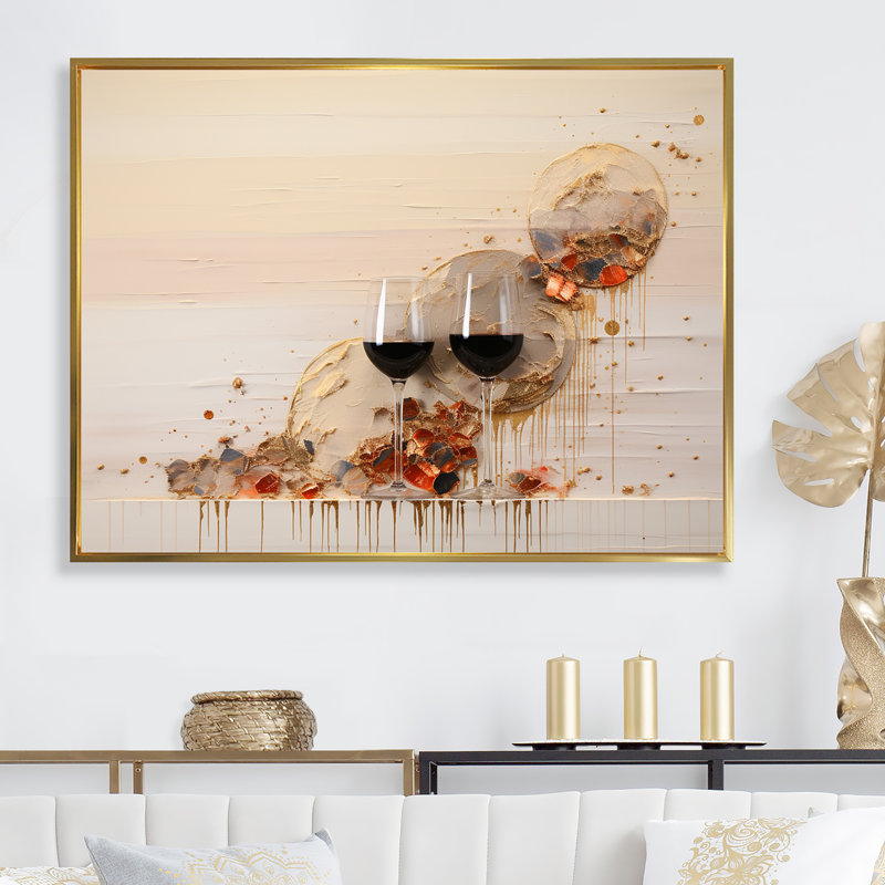 Minimalisme vin champagne sur toile, Cadre flottant doré, H 16 po x l 32 po x P 1 po