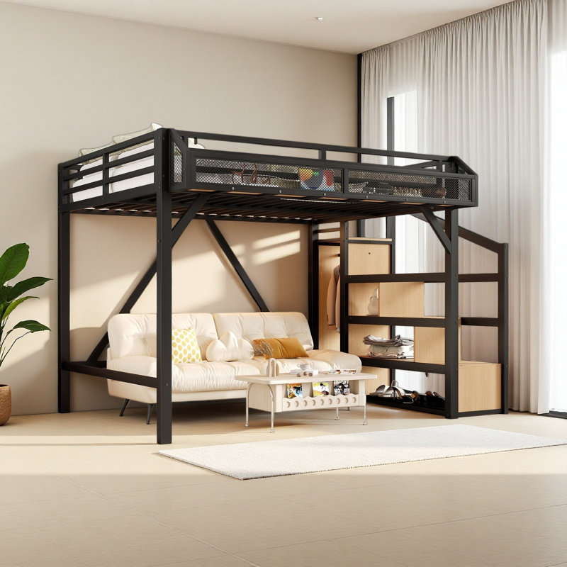 Loft Bed With Storage Stairs, Shelves And Built-In Wardrobe, Full, Natural Wood