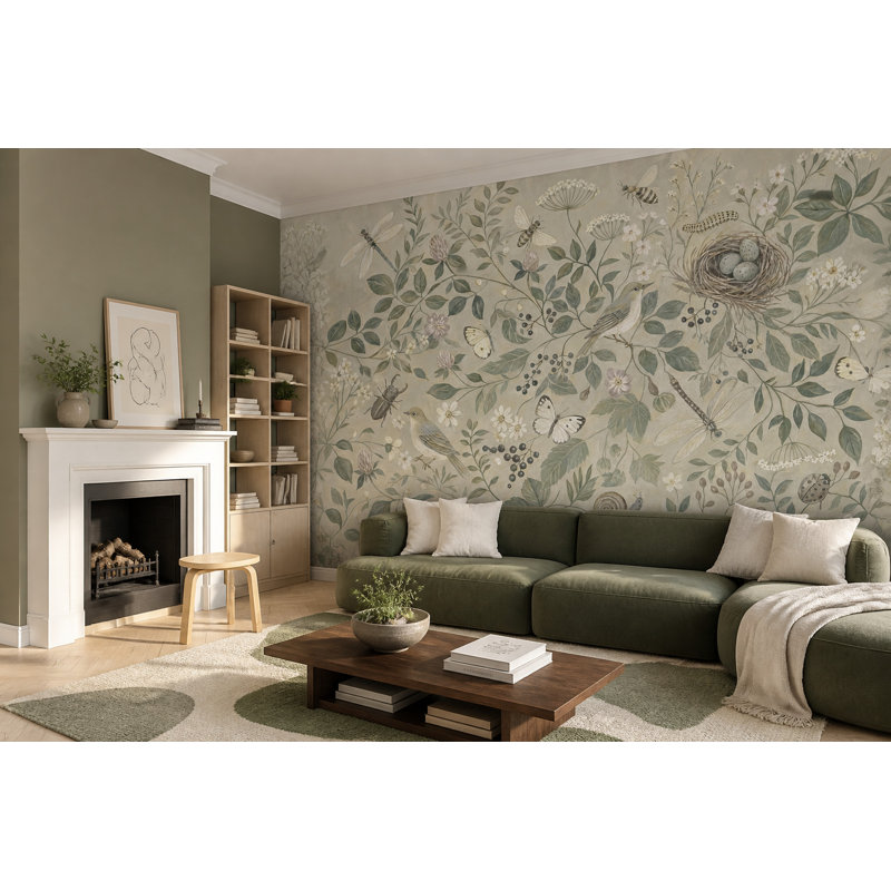Papier peint botanique rétro avec oiseaux et nid, 120 po x 96 po, Texturé non collé