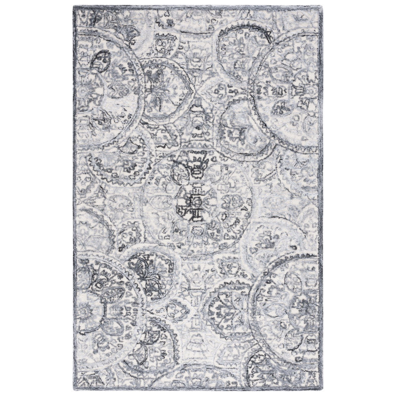 Bathilde Hand Tufted Wool/Cotton with Cotton Backing Metro Geometric Rug in Ivory/Gray, Rectangle 5' x 8'