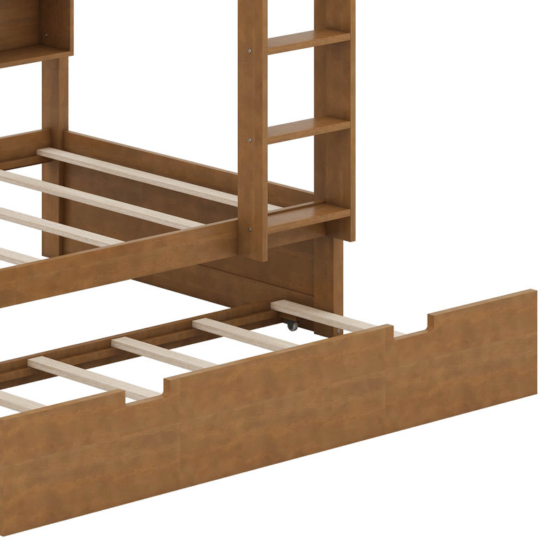 Bunk Bed Frame With Trundle And Storage Shelves, Solid Wood Floor Bunk Bed With Ladders And Guardrails, Simple sur simple