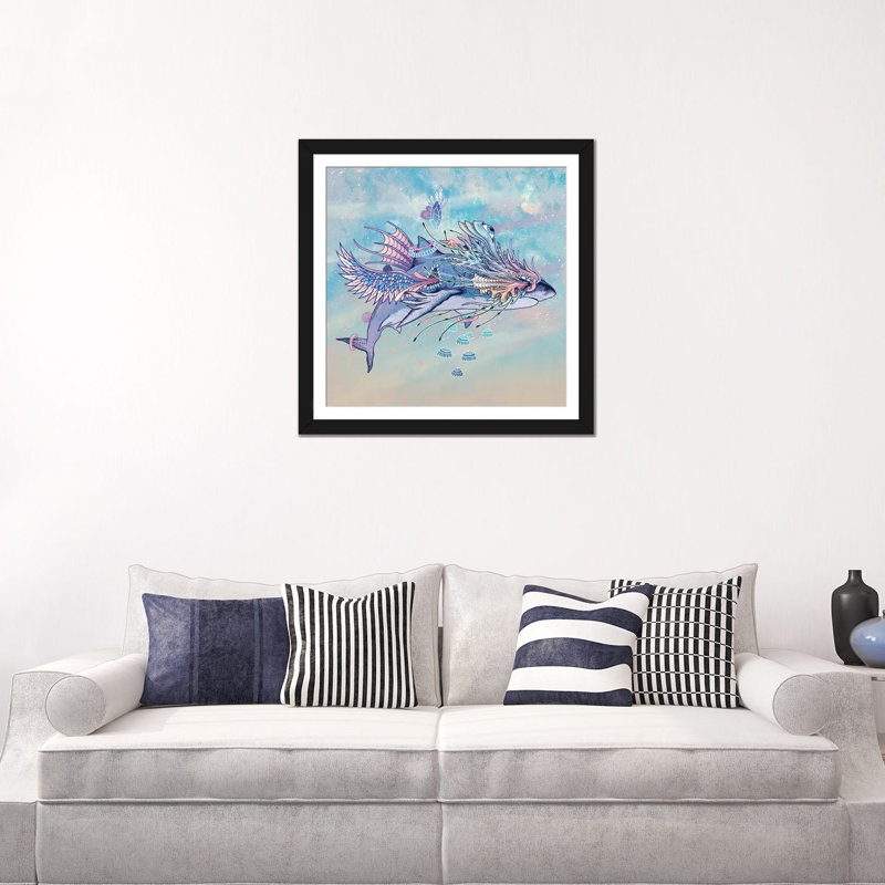 " Journeying Spirit (Shark) " by Mat Miller, 16" H x 16" W x 1" D, Black Framed Fine Art Paper, White