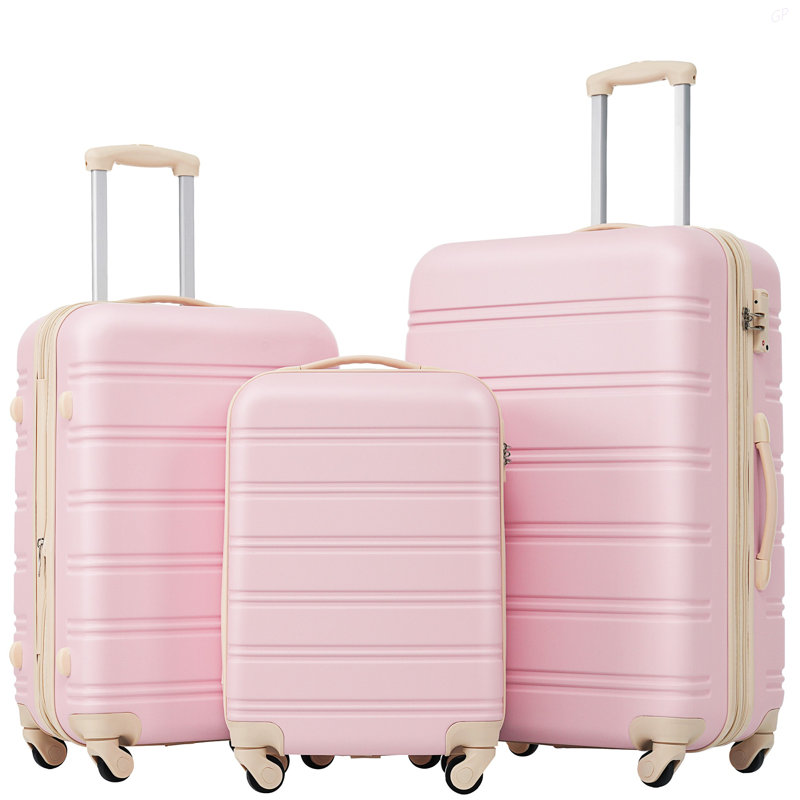 Ensemble de 3 valises rigides à roulettes avec verrou TSA 20 "24 '28" En stock, Light Pink