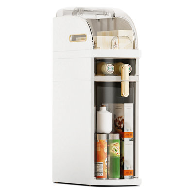 Slim Waterproof Storage Cabinet with Wheels – 2-Tier Narrow Organizer with Transparent Drawers & Toilet Paper Holder – Milky White + Transparent Black, Second Floor (Large + Small)