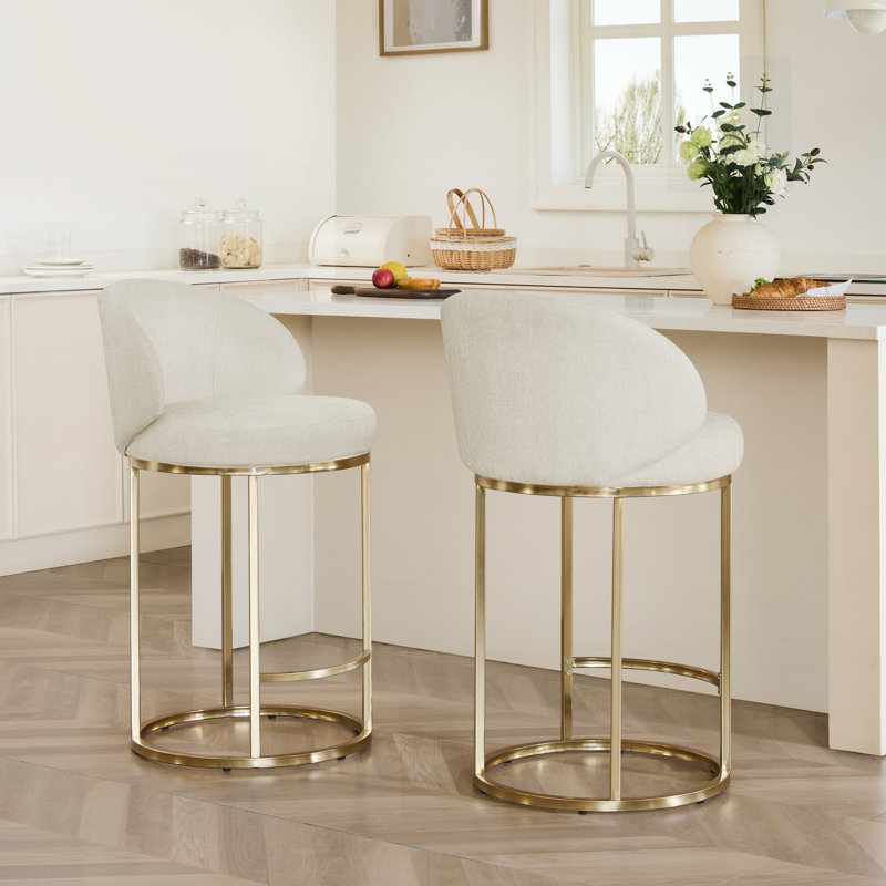 Tabouret de comptoir pivotant 27 po avec structure cylindrique en métal Angelick, Siège en lin / structure bronze clair, 2