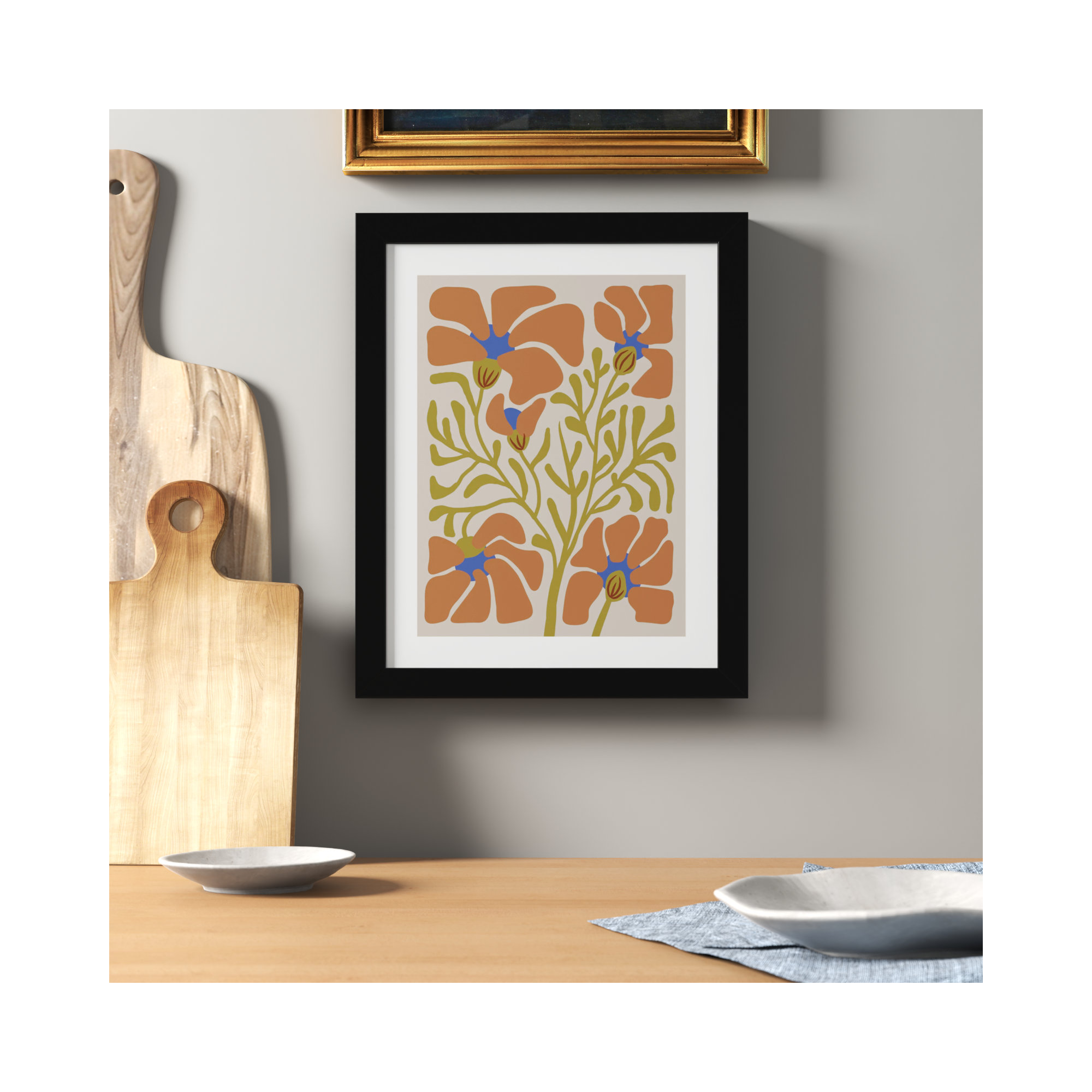 Expressive Abstract House Plant Orange On Tan Framed On Paper by The Creative Bunch Studio Print, Black, 13" H x 11" W x 1" D