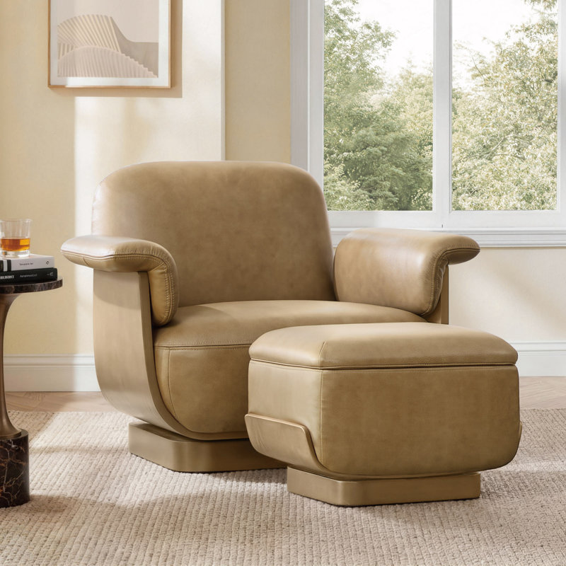 Modern Swivel Accent Chair with Ottoman-Genuine Leather, Mocha Genuine Leather / Natural Ash
