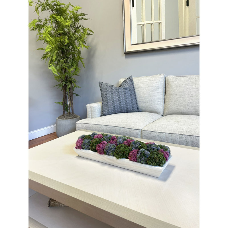 Sedum and Moss Arranged in Wood Planter, Purple/Red/Green