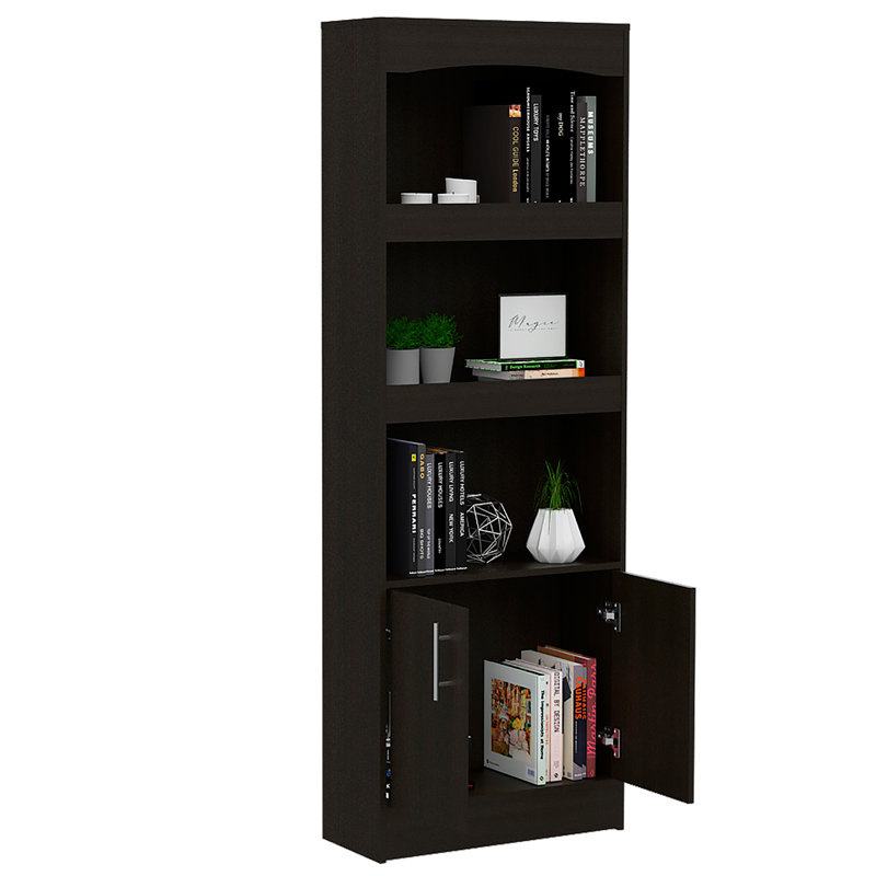 Bookcase, Three Shelves, Double Door Cabinet, Metal Hardware, Black