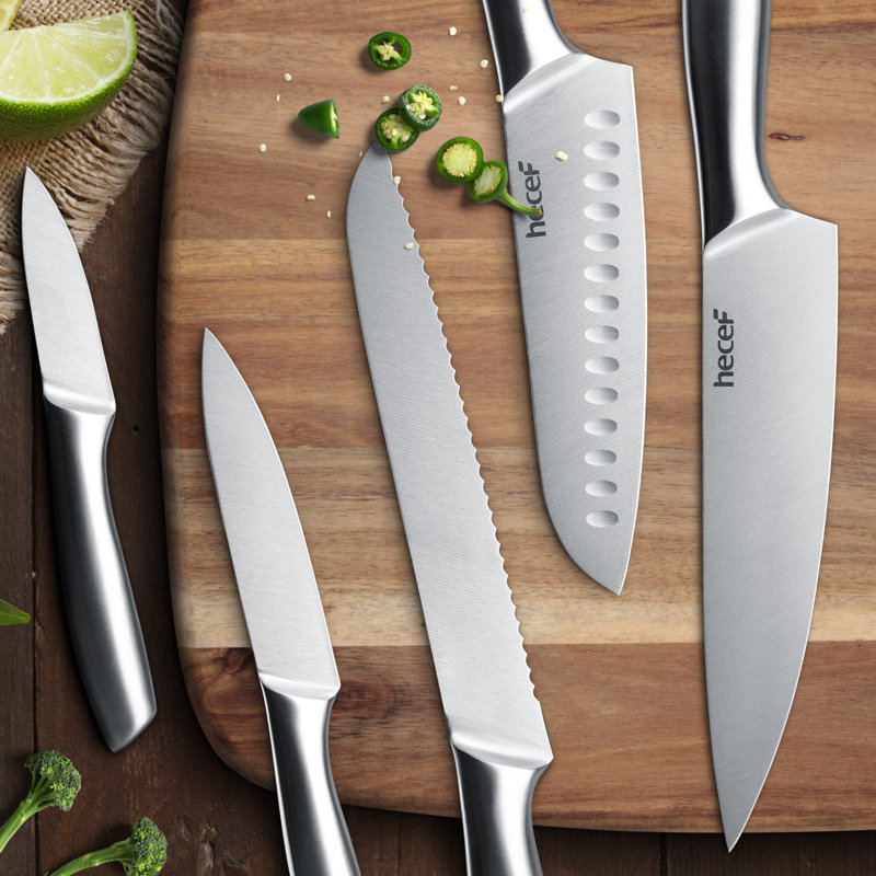 Ensemble de couteaux de cuisine 5 pièces Hecef, pales en acier inoxydable à finition satinée résistante à la rouille avec gaines, poignées une pièce ergonomiques (ensembles de 5)