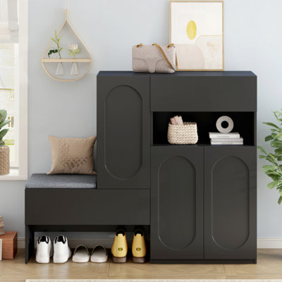 Elegant 2-In-1 Shoe Cabinets With Soft Cushion, Modern Storage Bench With Arched Doors & Rebound Devices, Versatile Shoe Rack Organizer With Adjustable Shelves For Hallway, Living Room