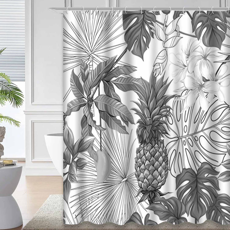 Rideau de douche imperméable à motif ananas noir monochrome avec 12 crochets, L 72 po x l 84 po