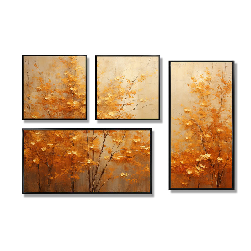 «Golden Autumn Forest Harmony I», art mural brun, 4 pièces, Noir, Impression encadrée sans passe-partout